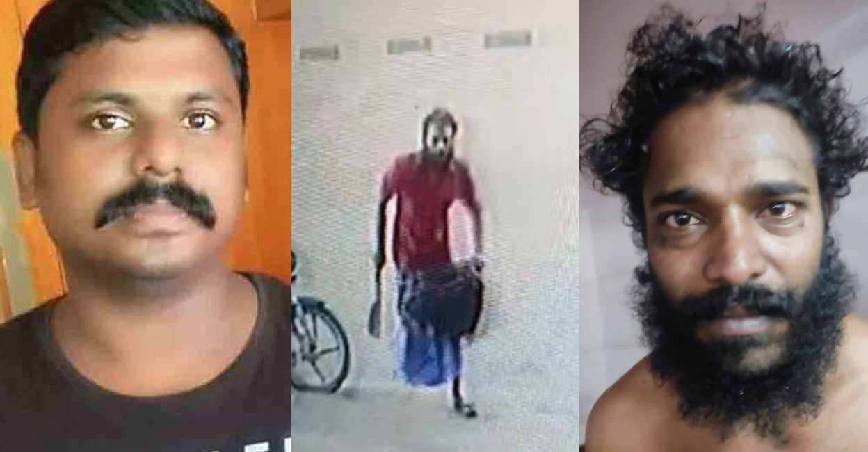 (LEFT) Ayyappan, (CENTRE) CCTV visual of Ayyappan entering the hotel, (RIGHT) Ajish