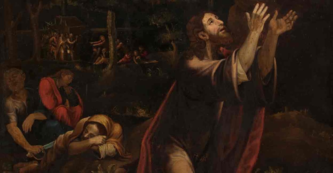 Agony in the Garden, a painting by Spanish artist Vicente Macip Comes (1555-1623), depicts Christ in prayer at the garden of Gethsemane after the Last Supper.