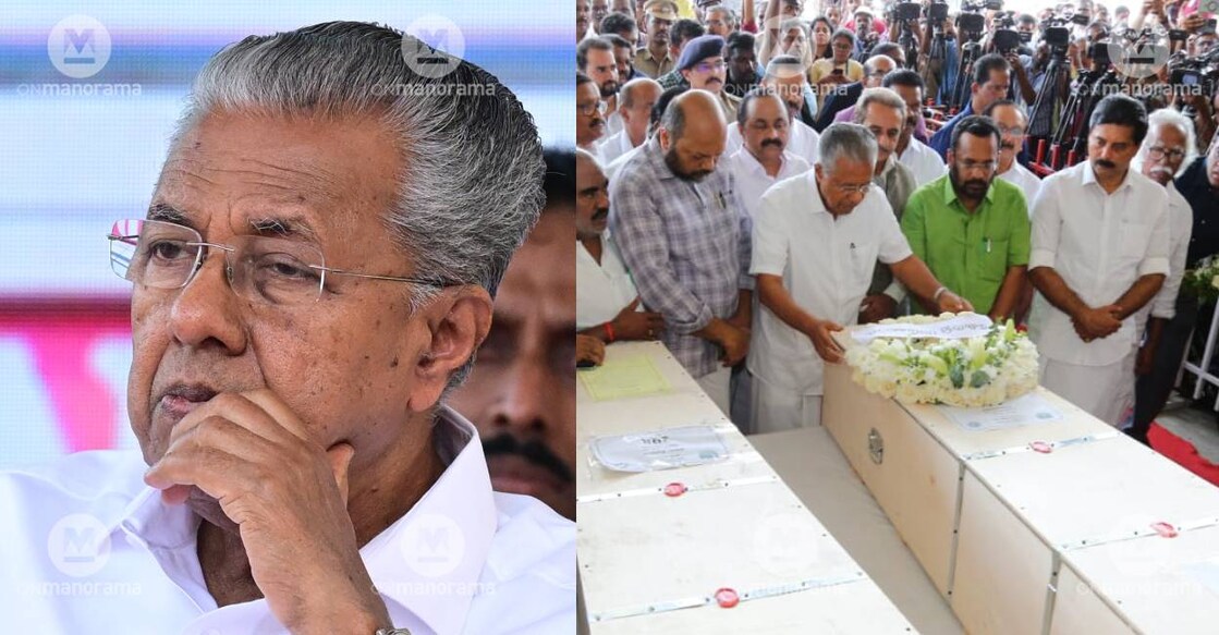 Pinarayi Vijayan pays homage to people killed in Kuwait fire at Kochi airport. Photo: Special arrangement