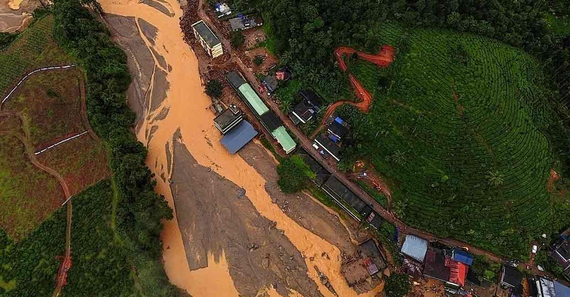 This handout photograph taken on August 1, 2024 and released by Humane Society International, India, shows an aerial view of the tea plantations after landslides in Wayanad. Photo: Hemanth Byatroy / Humane Society International, India / AFP