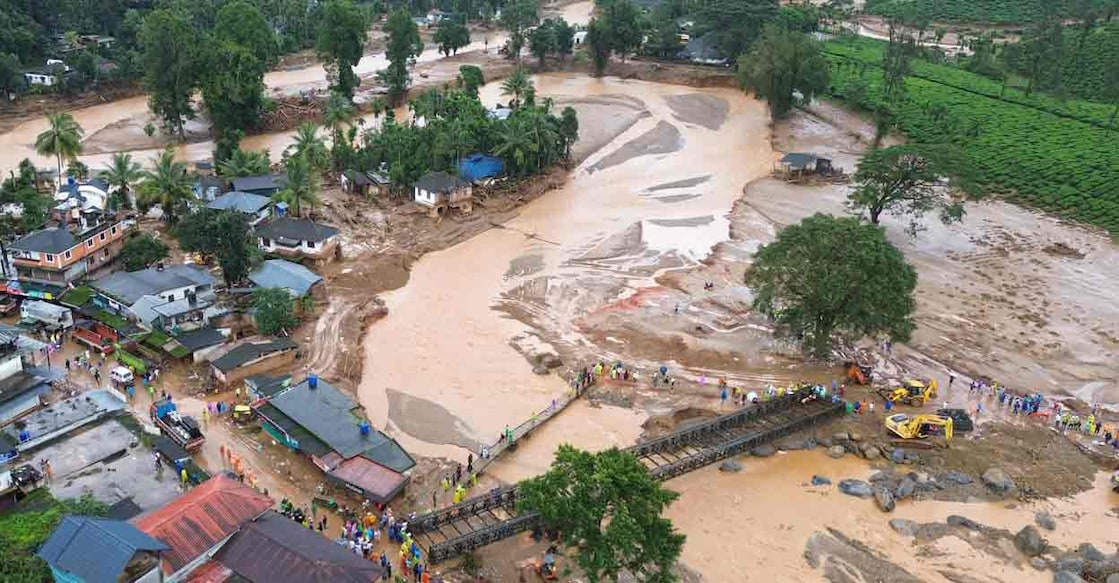 This handout photograph taken on August 1, 2024 and released by Humane Society International, India, shows an aerial view of the tea plantations after landslides in Wayanad. Photo: Hemanth Byatroy / Humane Society International, India / AFP