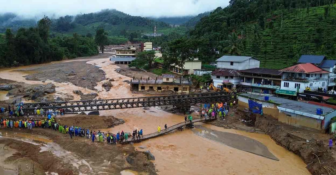 This handout photograph taken on August 1, 2024 and released by Humane Society International, India, shows an aerial view of the tea plantations after landslides in Wayanad. Photo: Hemanth Byatroy / Humane Society International, India / AFP