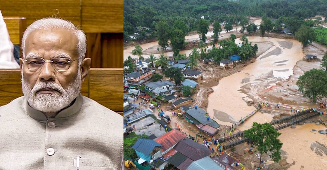 Prime Minister Narendra Modi and an aerial view of landslide struck Wayanad. Photo: PTI, AFP