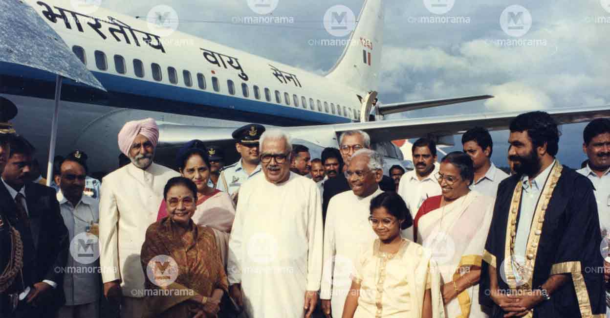 tvm airport file photo In this photo from 1997, after becoming the President of India, KR Narayanan and First Lady Usha are received at the Thiruvananthapuram Airport by Chief Minister EK Nayanar in the presence of Governor Sukhdev Singh Kang, city Mayor V Sivankutty and Chief Secretary CP Nair. Photo: Manorama