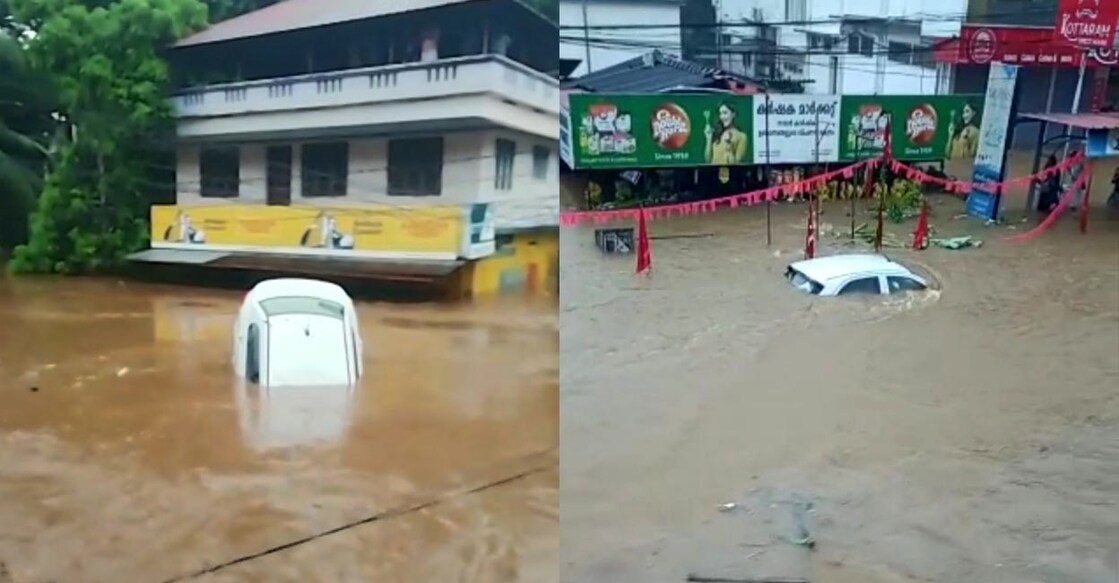 Cars being swept away in floodwaters at Manimala (L) and Kanjirappally towns in Kottayam district on Saturday.