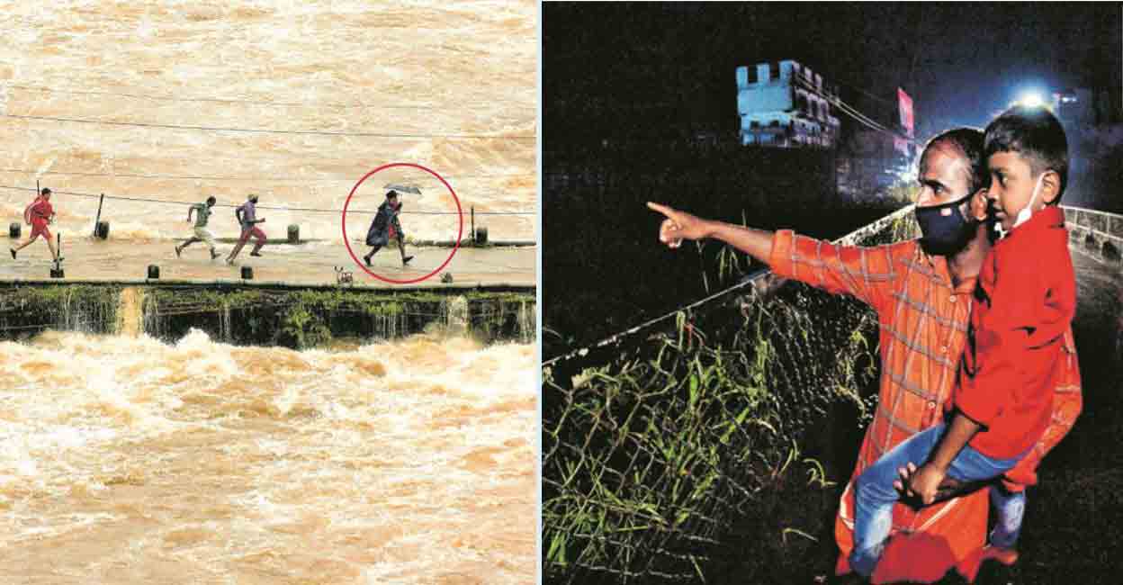 Photo 1: Kanayya Kumar, an NDRF member rushes to the other side of the river with Sooraj seconds before the Cheruthoni bridge was completely immersed in water in 2018. Photo2: Sooraj (Thakkudu) visits Cheruthoni bridge before the shutters of the IDukki dam was raised on OCtober 2021.