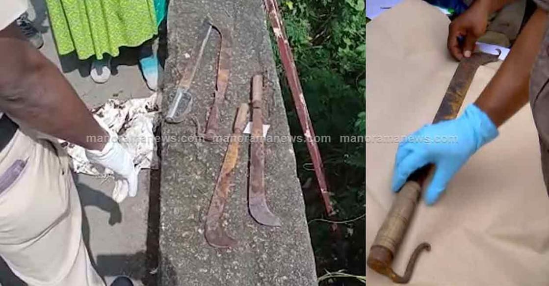The weapons have blood stains and strands of hair on them. 