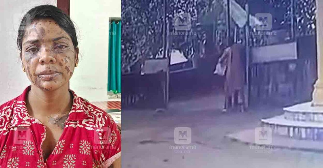 ഷീബ (ഇടത്), ആസിഡ് ഒഴിക്കുന്നതിന്റെ വിഡിയോ ദൃശ്യം (വലത്)