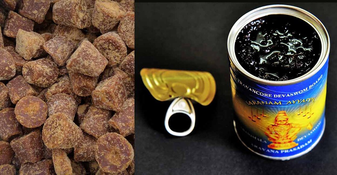(L) Jaggery, (R) A can of aravana prasadam from Sabarimala. Photos: Shutterstock/Sriram_2905, Shutterstock/ AjayTvm


