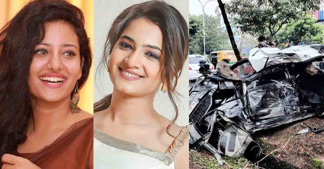 (From left) Ansi Kabeer, Anjana Shajan,  (R) the car that they had travelled in which crashed into a tree killing the models.