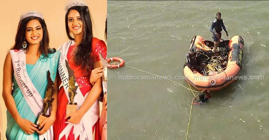 (L) Anjana Shajan and Ansi Kabeer, (R) A team of scuba divers from the Fire and Rescue Department searching for the hard disk in the Vembanad Lake.