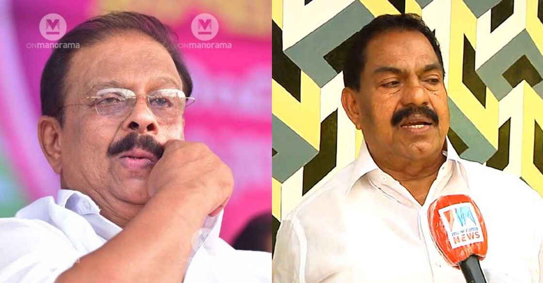 Kerala Pradesh Congress Committee (KPCC) president K Sudhakaran, senior Congress leader Mambaram Divakaran. Photo: Manorama 