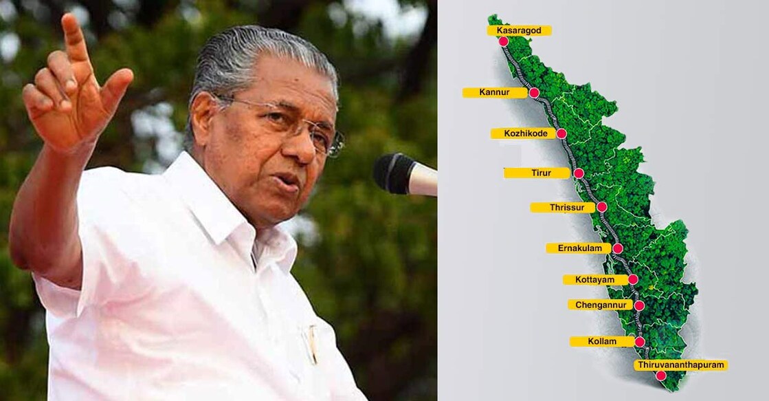 (L) Kerala Chief Minister Pinarayi Vijayan. (R) The route through which the SIlverLine passes through. Photo; Manorama