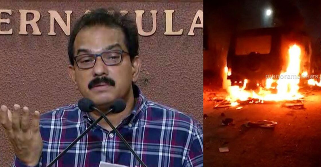 (L) Kitex GroupSabu M Jacob. (R) When a police jeep was set ablaze during the clash. 