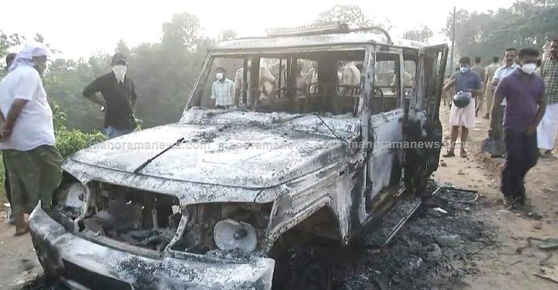 The charred police jeep which was set ablaze by the migrant workers as violence broke out at the labour camp in Kizhakkambalam on Christmas night.  Photo: Manorama News