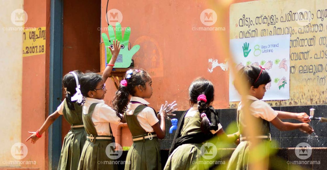 Students wash their hands at Chithragiri Government Primary School in Wayanad. File Photo: PTI