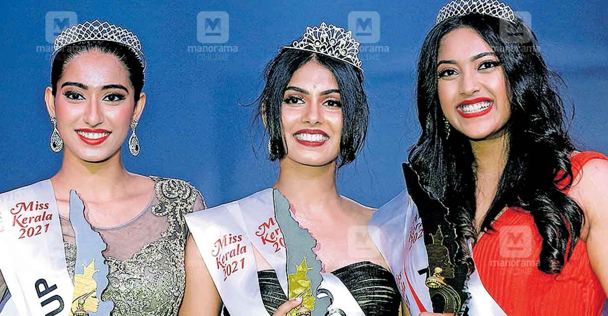First runner-up Livya, Miss Kerala 2021 Gopika Suresh, and second runner-up Gagana Gopal. Photo: Josekutty Panackal