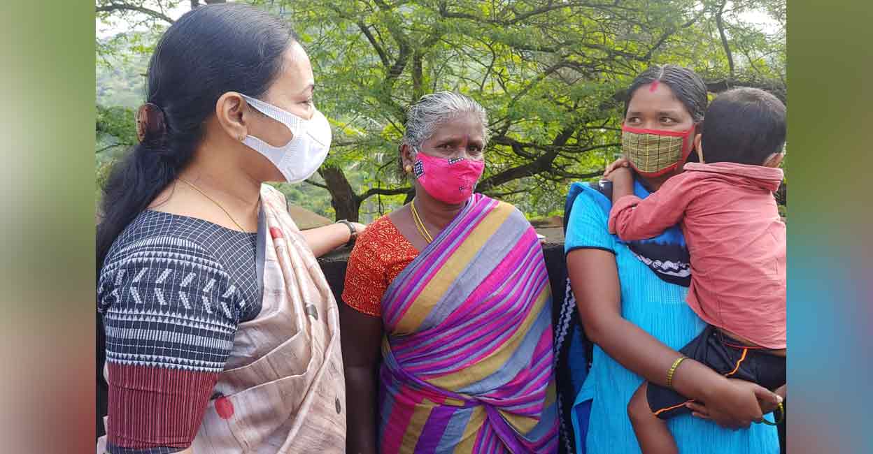 Veena George in Attappady Health Minister Veena George interacts with tribespeople in Attappady. Photo: PRD