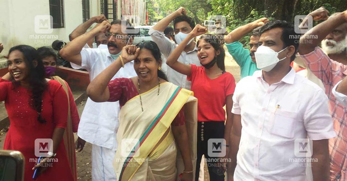 LDF shines in local body bypolls, secures 16 seats; BJP scores one LDF candidate Bindu Sivan after winning from the Gandhinagar Division in Kochi Corporation during the local body bypolls. Photo: Manorama