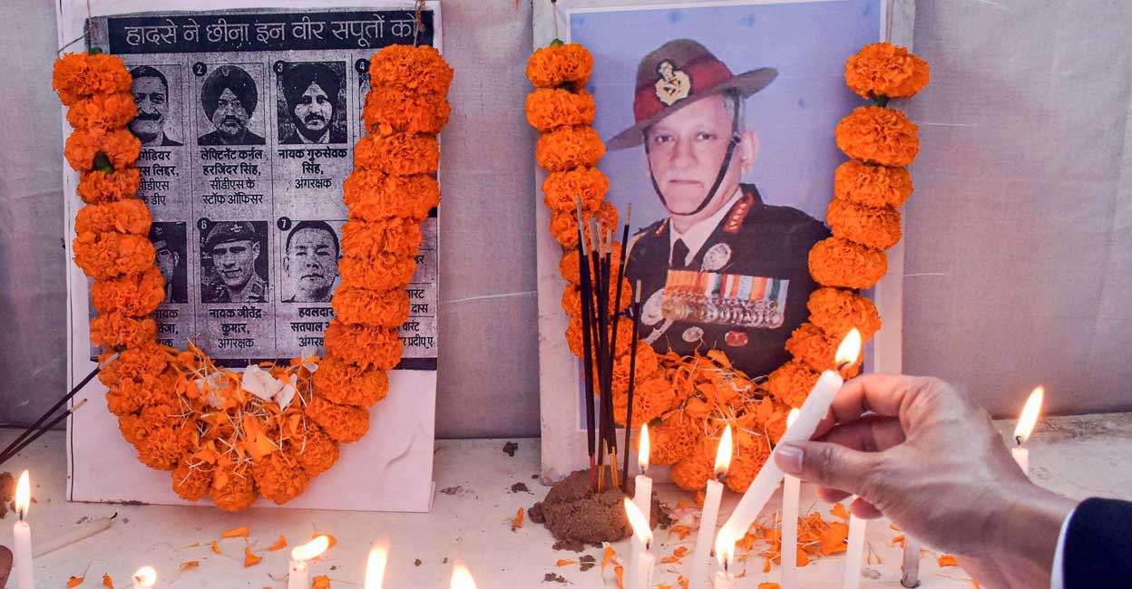 General Bipin Rawat member of Jharkhand High Court Advocates Association lights candles to pay homage to Chief of Defence Staff (CDS) General Bipin Rawat, his wife Madhulika Rawat and other officials, who were killed in an IAF-Mi-17V5 helicopter crash in Tamil Nadu yesterday, in Ranchi, Thursday, December 9, 2021. Photo: PTI