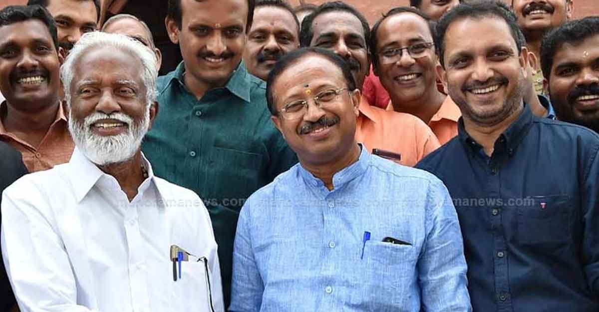 BJP leaders Kummanam Rajasekharan, V Muraleedharan, K Surendran BJP leaders Kummanam Rajasekharan, V Muraleedharan, K Surendran