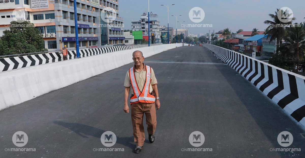 E Sreedharan takes a stroll along the Palarivattom Bridge, which was rebuilt under his supervision. E Sreedharan takes a stroll along the Palarivattom Bridge, which was rebuilt under his supervision.