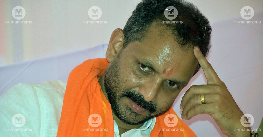 K Surendran at the BJP election committee office in Paivalike. Photo TA Ameerudheen