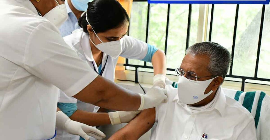 Kerala CM Pinarayi Vijayan receives the first dose of the COVID vaccine from Thiruvananthapuram on March 3, 2021