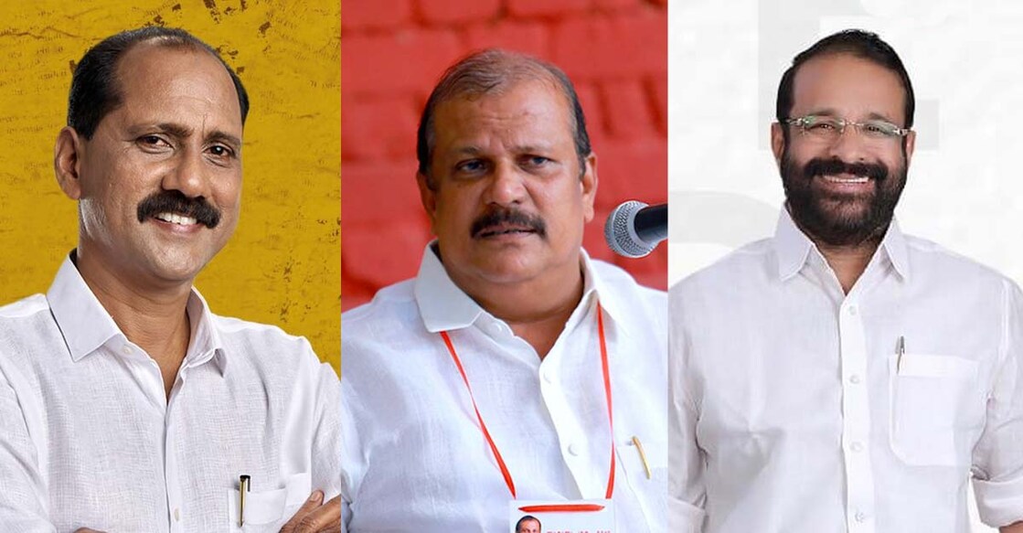 Kerala Congress (M)'s Sebastian Kulathunkal (LDF), PC George, Congress's Tomy Kallani (UDF). Photos: Facebook 