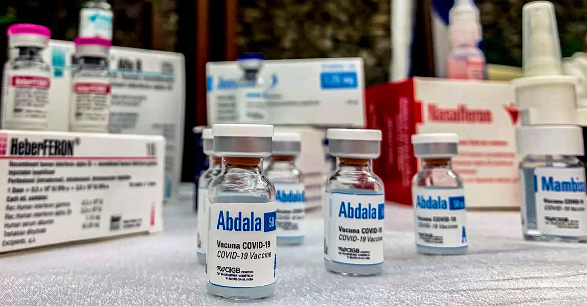 Cuban Abdala vaccine View of vials of the Cuban Abdala vaccine candidate during a press conference of the Biotechnological and Pharmaceutical Industries of Cuba (BioCubaFarma) in Havana, on March 19, 2021. Photo by Katell Abiven/AFP