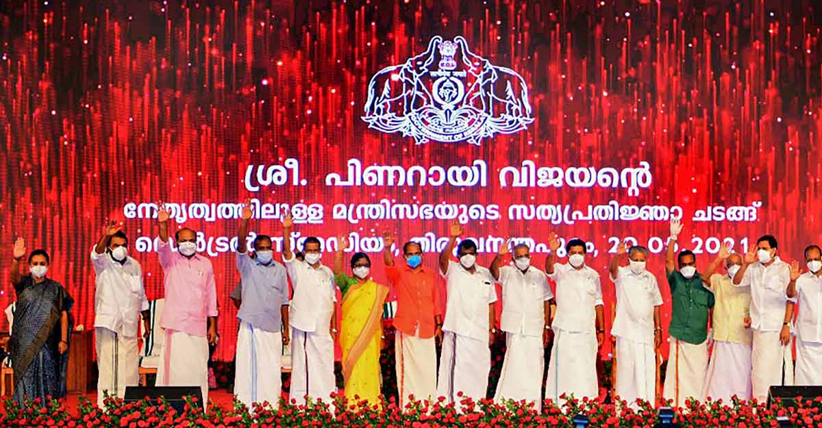 Chief Minister Pinarayi Vijayan and his Council of Ministers during the swearing-in ceremony, in Thiruvananthapuram.