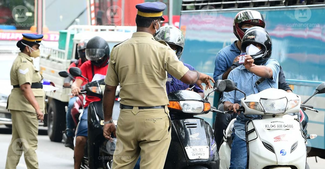 Police checking during a mini-lockdown in Kottayam. Photo: Gibi Sam
