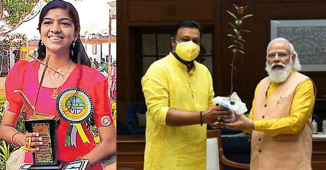 Suresh Gopi hands over the tree sapling, gifted by Jayalakshmi(Left), a 10th standard student to the Prime Minister during his recent meeting with him in New Delhi.