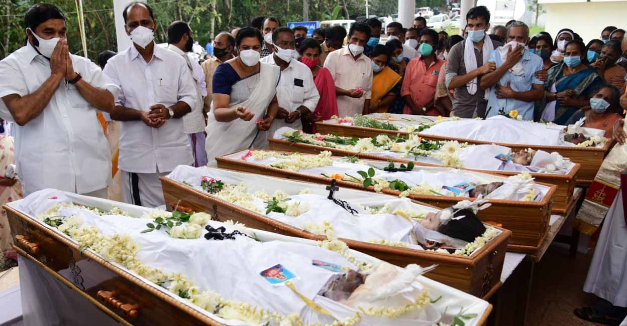 Minister VN Vasavan, MLA Sebastian Kulathunkal, District Panchayat President Nirmala Jimmy pay tributes to Martin and family who lost their lives during the landslide at Kootickal, Kottayam.