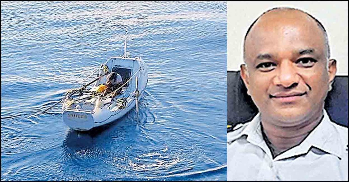 Aaron in his boat when Oil tanker Emerald Spirit found him (left), Joymon Poulose (right). Photo: Manorama/Special arrangement