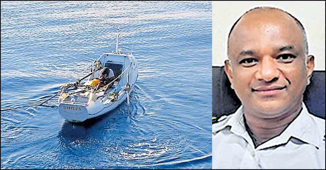 Aaron in his boat when Oil tanker Emerald Spirit found him (left), Joymon Poulose (right). Photo: Manorama/Special arrangement
