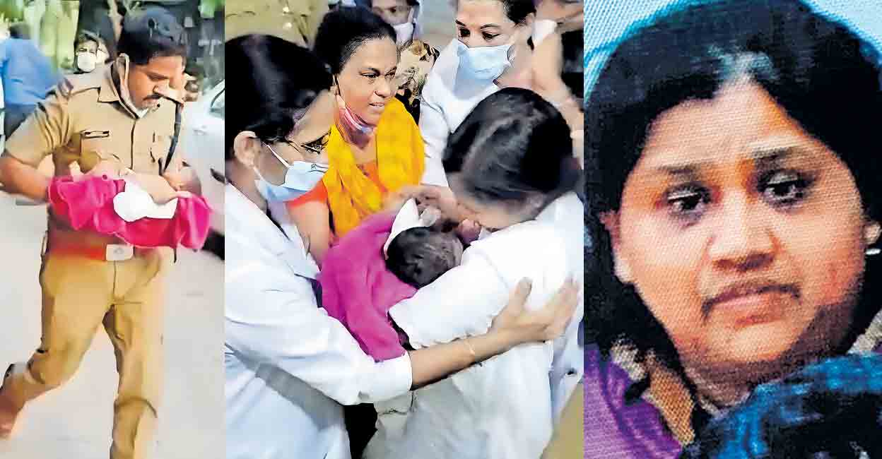 (1) വീണ്ടെടുത്ത കുഞ്ഞുമായി എസ്ഐ ടി.എസ്. റെനീഷ് ഗൈനക്കോളജി വാർഡിലേക്ക് പോകുന്നു. (2) മെഡിക്കൽ കോളജ് ആശുപത്രിയിൽ നിന്നു തട്ടിക്കൊണ്ടുപോയ കുഞ്ഞിനെ അമ്മ അശ്വതിക്ക് തിരികെക്കിട്ടിയപ്പോൾ. (3) അറസ്റ്റിലായ നീതു രാജ്