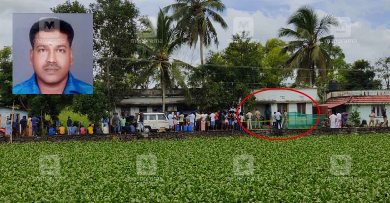 Locals gather as police inspect the house where the body was buried (in red circle). Photo: Rijo Joseph/Manorama