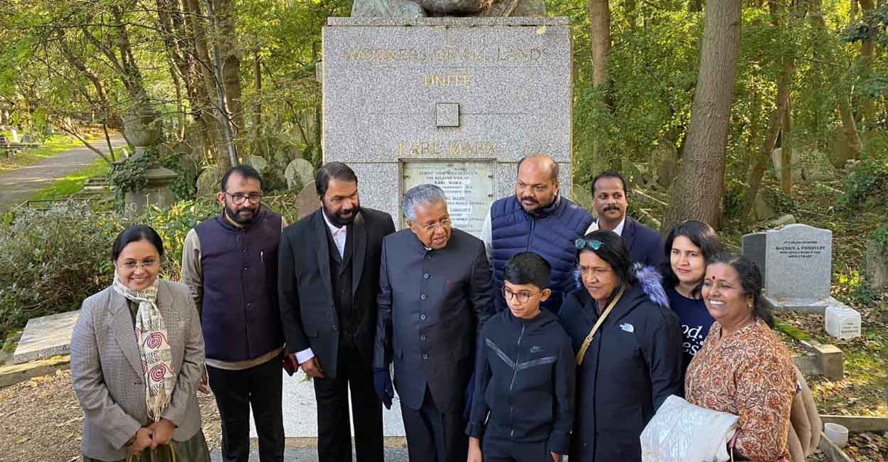pinarayi-europe-tour-family-veena Kerala Chief Minister Pinarayi Vijayan with his family members, and ministers at the Karl Marx Tomb in London. This photo was widely circulated on social media.
