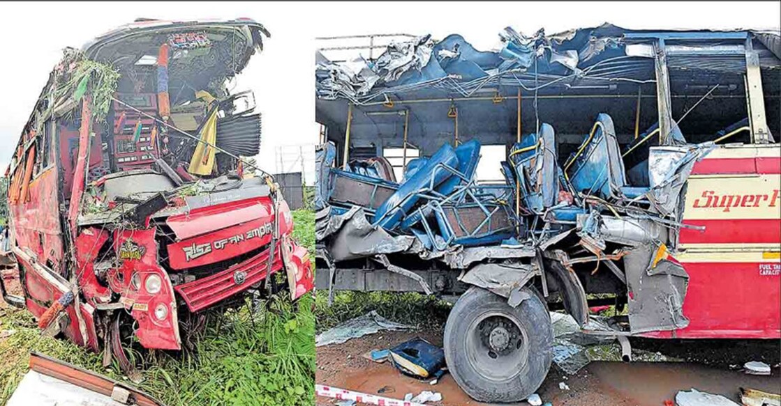 The tourist bus that crashed into the KSRTC (right) at Vadakkencherry in Palakkad. 