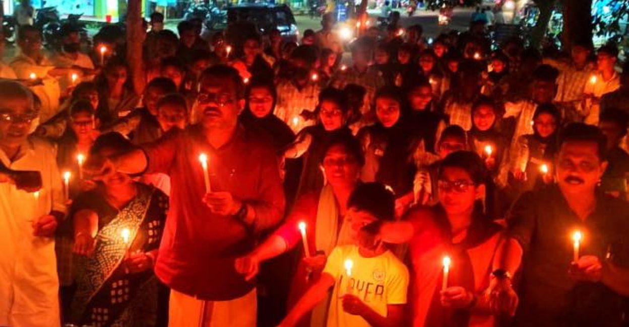 M B Rajesh lights lamps at Thrithala constituency as part of the anti-drugs campaign of the government. Photo: MB Rajesh/Thiruvananthapuram. 