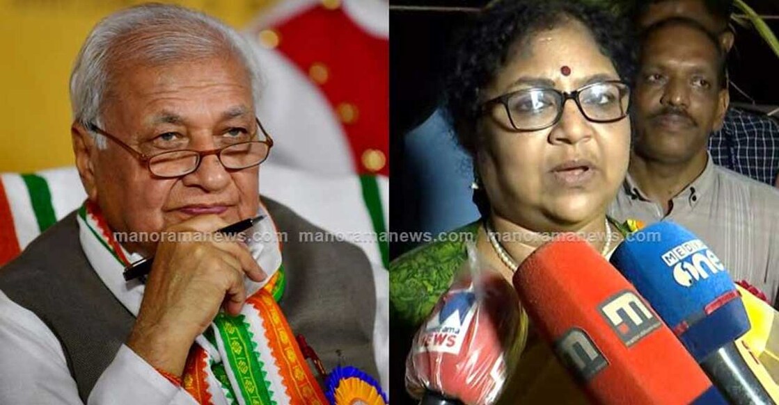 Kerala Governor Arif Mohammed Khan; Higher Education Minister Dr R Bindu. Photo: Manorama News