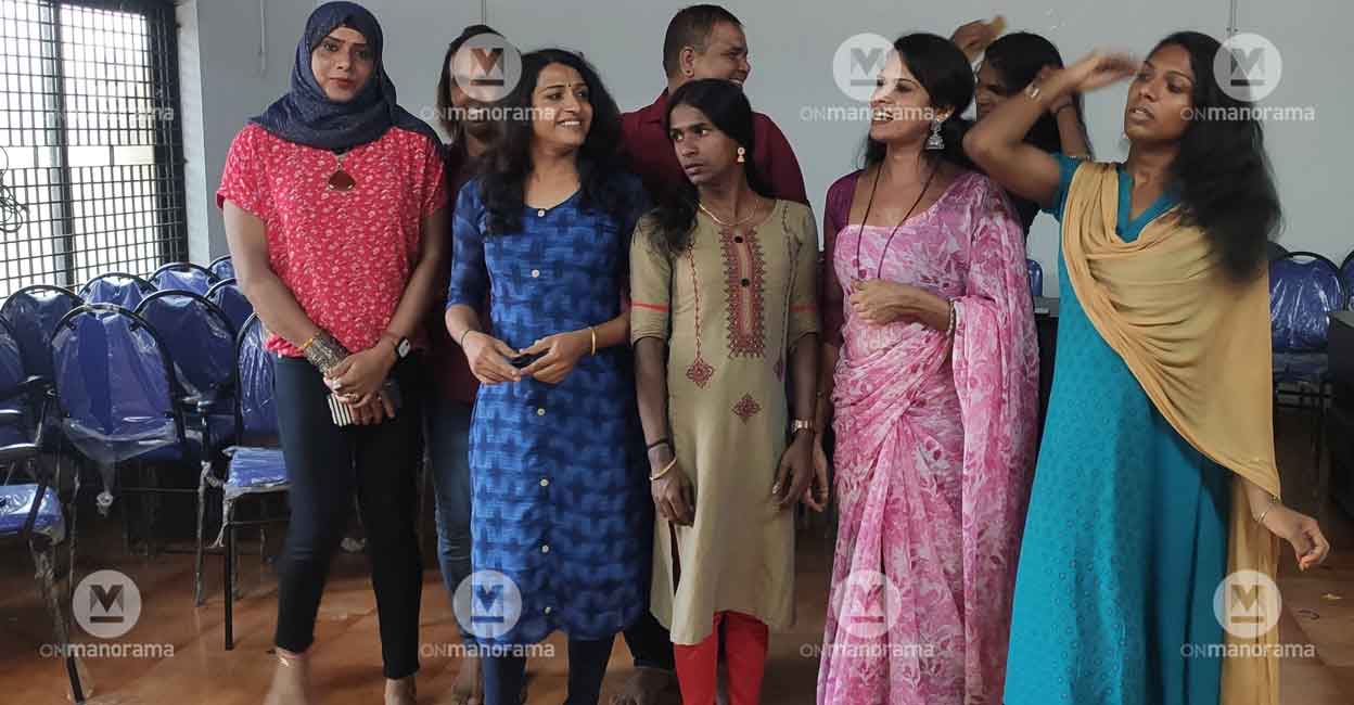 Trans_hall: Transgender women pose for photograph during their dance training at Kanhangad Block Panchayat office. Manorama