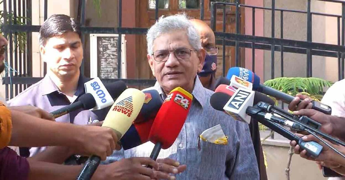 yechury-press Yechuri said the Governor's action will be questioned legally and Hindutva agenda was behind the action. Photo: Manorama Online.