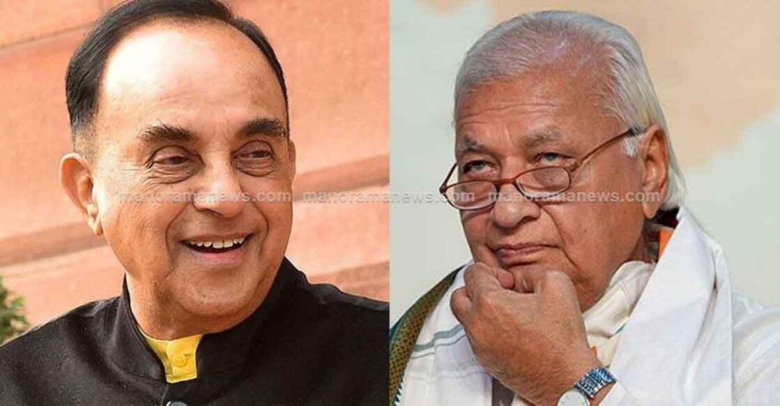 BJP leader Subramanian Swamy, Kerala Governor Arif Mohammed Khan. Photo: Screengrab, Manorama News