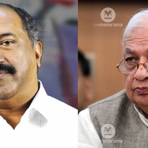 balagopal-khan Governor Arif Mohammed Khan (right) said that he “withdraws his pleasure” in the light of minister K N Balagopal's (left) comment stating that those from Uttar Pradesh will not understand the state of affairs in Kerala. Photo: Manorama.