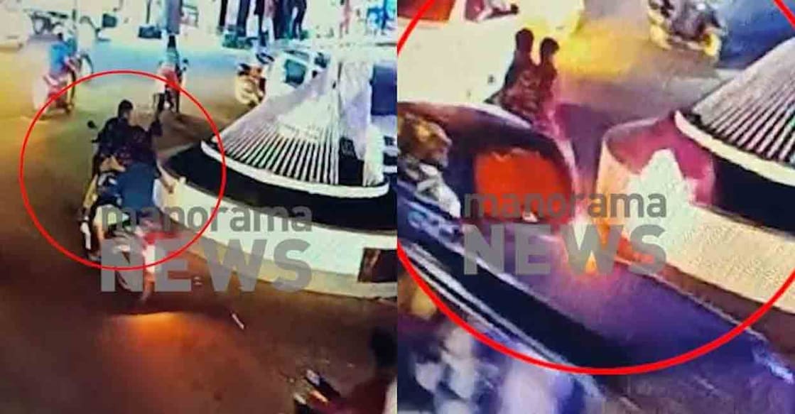 edappal-blast-cctv എടപ്പാൾ ടൗണിൽ ബൈക്കിലെത്തിയവർ സ്ഫോടക വസ്തുവിന് തീ കൊടുക്കുന്നതിന്റെ സിസിടിവി ദൃശ്യം