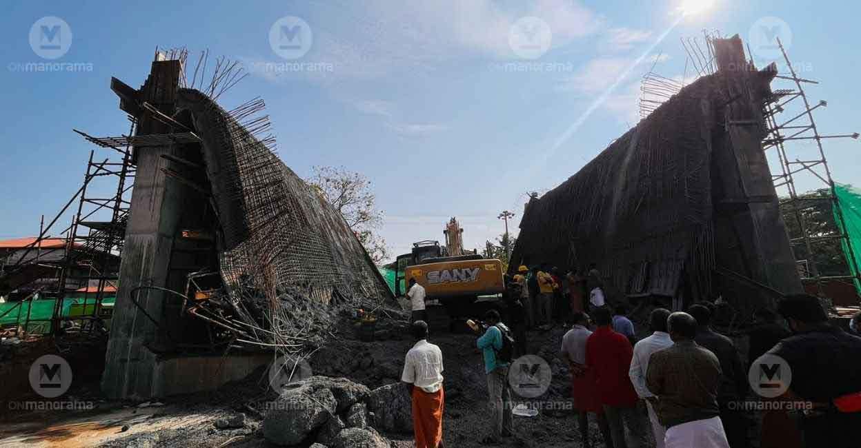 Crew working to remove the debris after vehicle underpass at Periya collapsed on Saturday. Photo: Manorama Crew working to remove the debris after vehicle underpass at Periya collapsed on Saturday. Photo: Manorama
