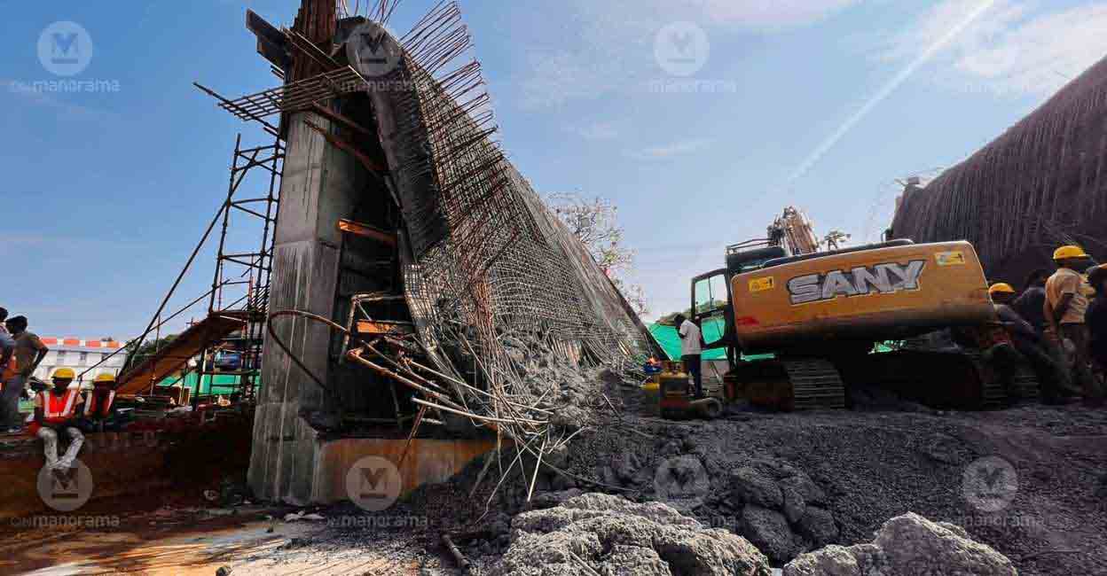 Crew working to remove the debris after vehicle underpass at Periya collapsed on Saturday. Photo: Manorama