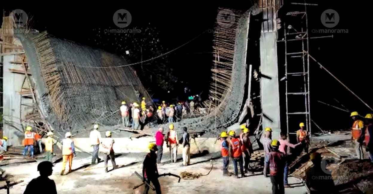 Crew working to remove the debris after vehicle underpass at Periya collapsed on Saturday. Photo: Manorama Crew working to remove the debris after vehicle underpass at Periya collapsed on Saturday. Photo: Manorama